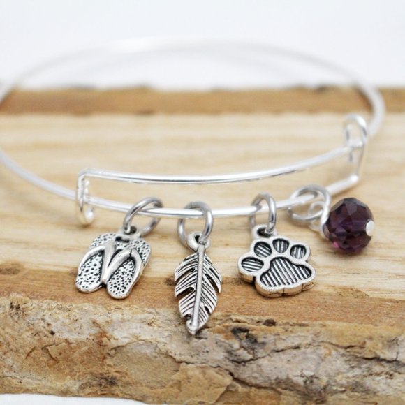 Flip Flops, Feather & Paw Print Charm Bangle - Adjustable - Handcrafted - Picture 3 of 4